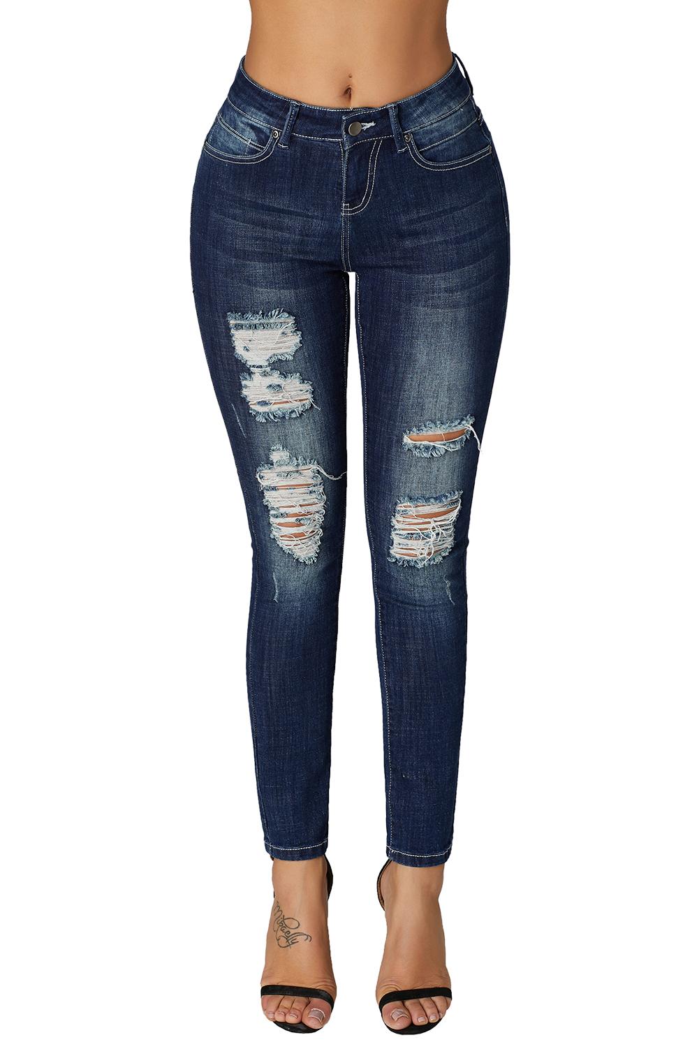 US$ 19.18 Medium Blue Wash Distressed Skinny Jeans Wholesale